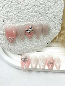 10pcs Cute Pink Almond Shaped Press-On Nail Stickers, 3D Bow Pearl Diamond Cat Eye Glitter False Nails, Gentle Sweet Girl Nail Art Supplies (1pc Jelly Sticker + 1pc Nail File) - Multicolor - View 2