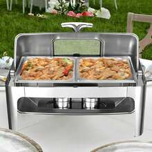 Calentador de Comida de Acero Inoxidable para Bufé, Chafing Dish Rectangular con Tapa Abatible y Soporte para Alcohol, Servidor de Bufé para Fiestas y Eventos - plata - Ver 7
