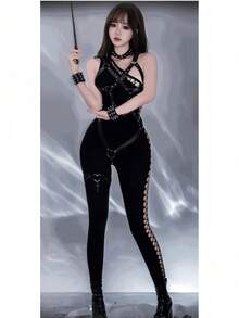 1pc Sexy Lingerie Fishnet Jumpsuit, Side Hollow Sheer Shoulder Jumpsuit, Tight Fitting Bodycon Pants, Alluring Office Temptation, Minimalist Sexy Cosplay For Party, Photo Shoot, Role Play Black - Black - View 2