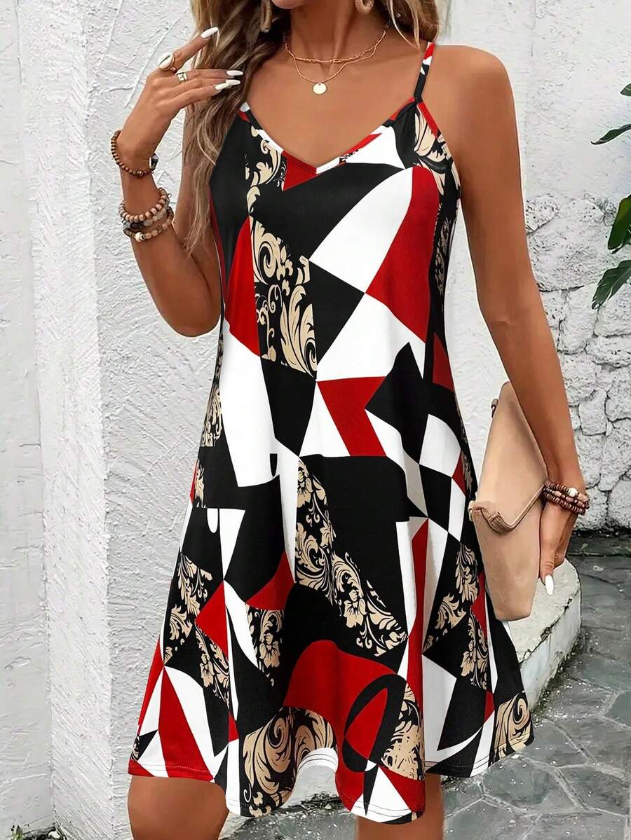 Summer New Geometric Pattern Sleeveless Dress, Sexy Vacation Spaghetti Strap Dress, Flowy Summer Beach Dress, Bohemian Style Short Dress, Casual Summer Women Dress - Red - View 1