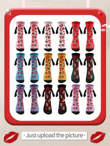 1 Pair Of Customized Face Children's Mid Tube Holding Hands Series Medium Socks, Put Any Face On The Socks, Personalized Socks With Photos, Interesting Customized Pictures With Medium Stockings, Suitable For Valentine's Day, Birthday, Gift Giving And Other Occasions, Personalized - Multicolor - View 2
