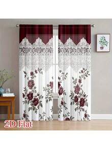 2D Flat, 2pcs Modern European Floral Curtains - Semi-Sheer Filtering Light Privacy Window Drapes With Burgundy Floral Pattern On White, Soft Textured Polyester Fabric, Light Filtering & Thermal Insulating Window Treatments For Living Room & Bedroom - Multicolor - View 2