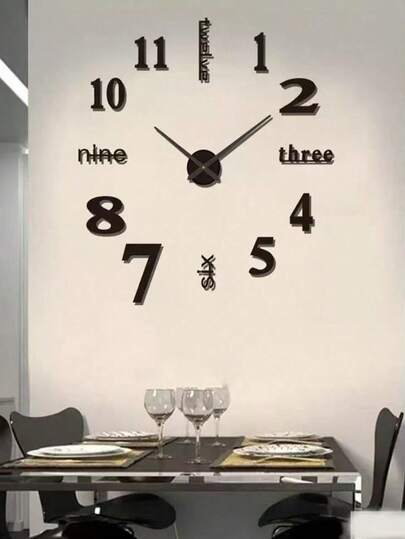 现代静音数字挂钟 - 无滴答声，自粘式，房间装饰钟，亚克力镜面设计，客厅和书房装饰简约圆形钟，电池供电（不含电池）