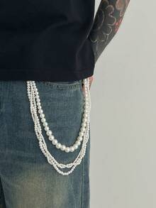 复古风3D圆形几何仿珍珠串珠多层裤链，哥特朋克高端质感，休闲简约，完美适用于街拍、摇滚嘻哈、派对、日常佩戴、情侣装，也是时尚男士项链的理想礼物。 - 褲鏈 - 查看 3