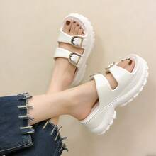 ​​Sandalias para mujer estilo coreano multiusos - Diseño minimalista con doble hebilla, plataforma antideslizante de EVA para aumentar estatura​​ - Blanco - Ver 3