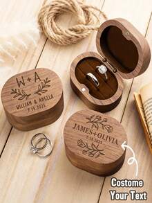 1pc Walnut Wood Oval 2-Slot Custom Personalized Ring Box, Square Walnut Ring Box, Round Ring Box For Wedding Rings, Laser Engraved Wood Ring Box For Proposal, Engagement, Anniversary, Valentine's Day, Birthday,Warm Ambience,Fall Decor,Elegant Living,Artful Living - Multicolor - View 13