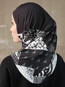 几何印花头巾，运动内衬，女士即戴即用头巾 - 黑色幾何 - 查看 3