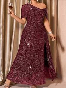 Women Plus Size Off‑Shoulder Glitter Ruched Mermaid Maxi Dress High Slit Date Night Girls Gathering Night Out Weekend Soiree Holiday Vibe Outfit - Burgundy - View 2