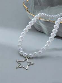 1 Pieza Collar Colgante De Estrella Calado Con Cuentas De Imitación De Perlas De Moda Para Mujer Para Decoración Diaria Y Regalo De Citas - Plateado - Ver 9