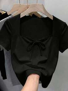 Top corto de encaje de cuello cuadrado para mujer, top de moda ceñido y sexy, top casual de calle personalizado para fiesta - Negro - Ver 4