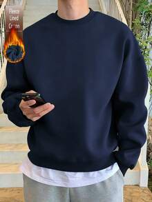 Cotton men's top, men's white drop-shoulder sweatshirt, thick fabric for autumn and winter, warm round neck, loose oversized sweatshirt, suitable for cold weather. - 藏青色 - 查看 1