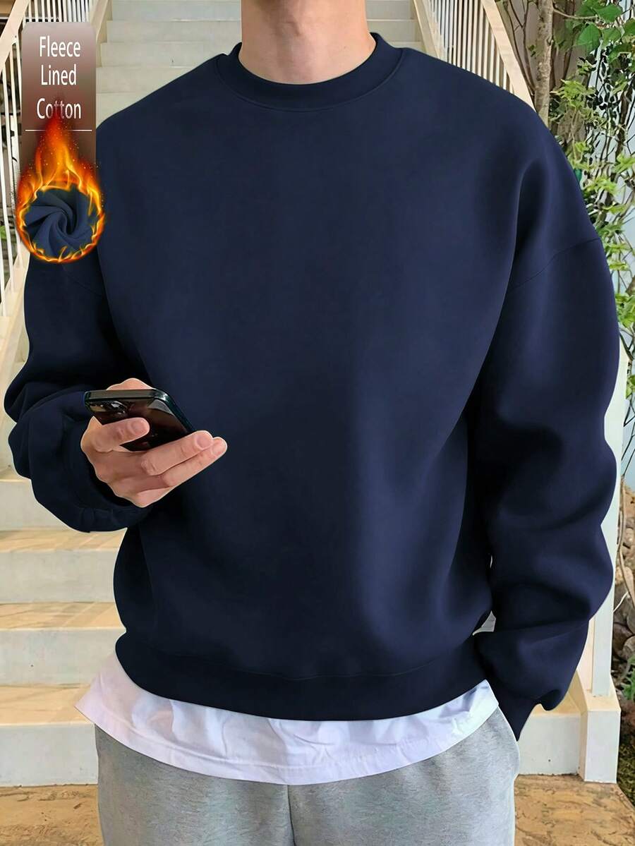 Cotton men's top, men's white drop-shoulder sweatshirt, thick fabric for autumn and winter, warm round neck, loose oversized sweatshirt, suitable for cold weather. - 藏青色 - 查看 1