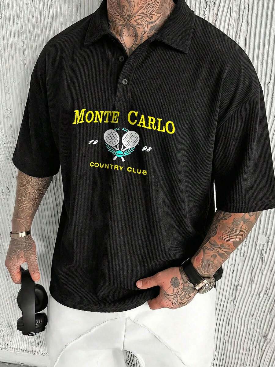 Camisa polo casual de verano para hombre con estampado de letras y raqueta - Negro - Ver 1
