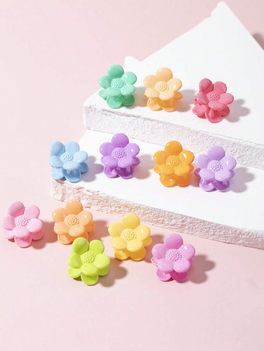 12件套可爱猫狗五瓣花塑料发夹配饰套装 - 彩色 - 查看 1