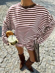 GAOVOT Ensemble 2 pièces femme d'été décontracté, t-shirt à manches longues col rond avec blocs de couleurs et rayures, short ample à taille élastique. Élégant pour le printemps - Rayures roses et brunes - Voir 9