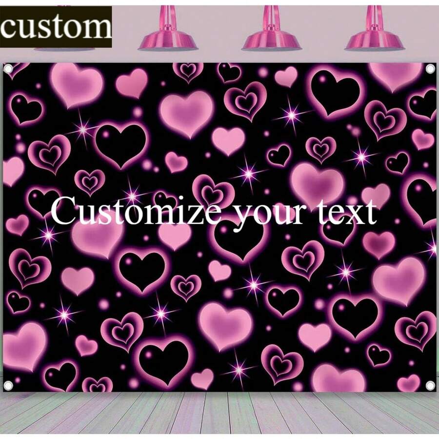 Personalized Text Y2K 2000s Heart Birthday Tapestry, Glitter Love Heart Wall Decor, Girls 2000s Theme Birthday Photo Backdrop - Nhiều màu - Xem 1
