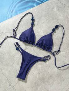 Quần bikini nữ thanh lịch, cổ điển, gợi cảm, lãng mạn, đính pha lê màu đỏ tía, tím cà, nâu hạt dẻ đậm, thích hợp cho kỳ nghỉ/đi biển mùa hè. - Màu xanh hải quân - Xem 5