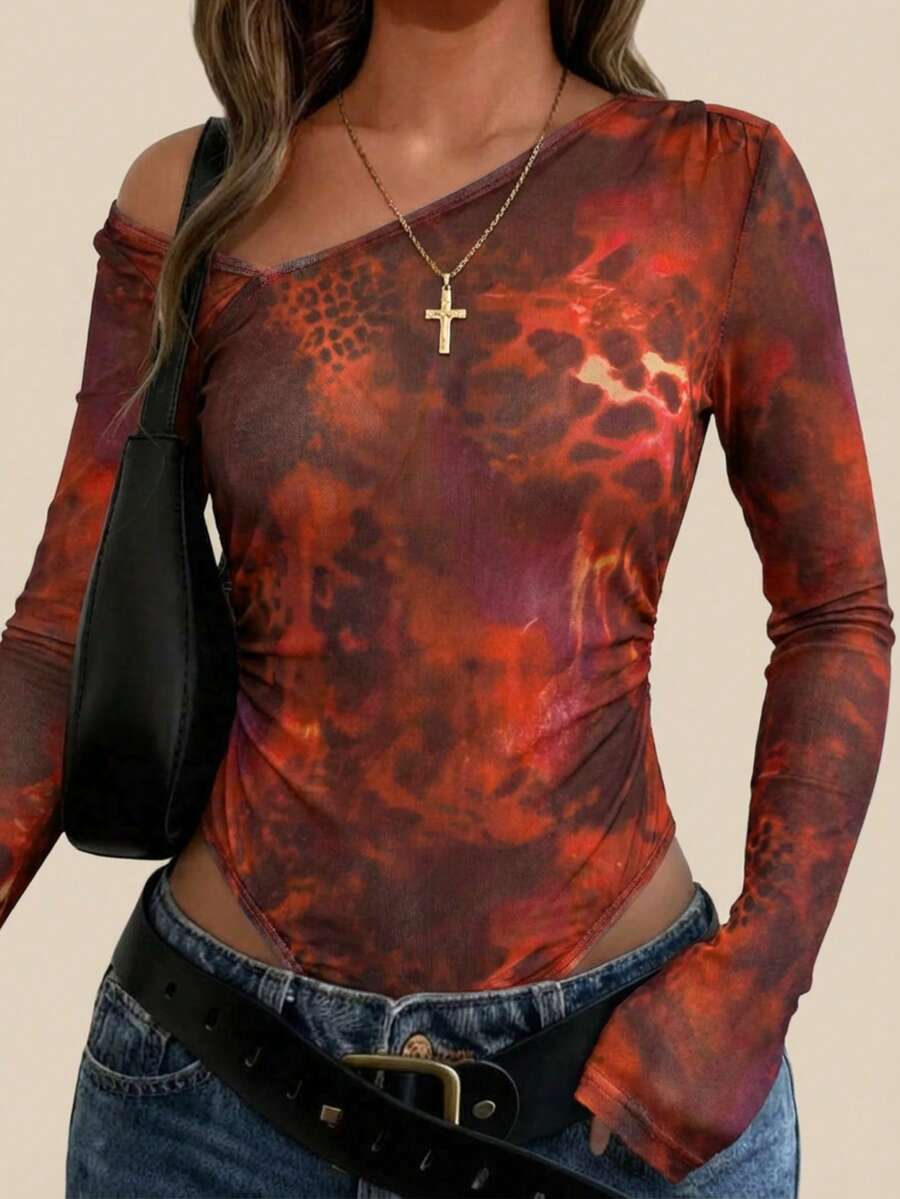 Áo liền thân dài tay nữ phong cách thường ngày cho ngày Valentine, cổ bất đối xứng, chi tiết lưới xuyên thấu, họa tiết da báo, mùa xuân hè. - Nhiều màu - Xem 1