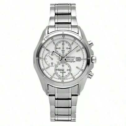 Seiko 男士经典银色金属链石英表，白色表盘，商务休闲模拟腕表，适合工作场合。SSC003J1