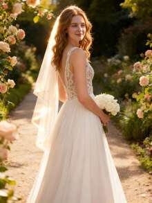 YOUKEFEIER Elegant V-Neck Spaghetti Strap Wedding Dress, Delicate Lace Top, Flowing Skirt Showcasing Bridal Charm - Beige - View 9