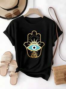 Playera de mujer, mano de Hamsa, protectora, espiritual, yoga, meditación, uso diario, amantes espiritualidad, moda bohemia, , mindfulness, look relajado,blusas para mujer,blusas elegantes dama,tops,playeras de mujer,blusas curvy mujer. - Negro - Ver 1