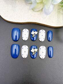 10pcs Set Of Handmade Nail Stickers, Navy Blue Almond Shape, Beautiful Fragrance Style French Manicure Stickers, Matte Nail Stickers - Navy Blue - View 5