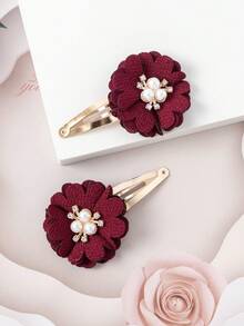2pcs Toddler Girls Flower Decor Fashion Hair Clip - Burgundy - View 4