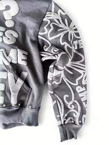 "WHO?CARES GETSOME MONEY" Lettered Foam Zip-Up Hoodie, Streetwear, Hip-Hop Style.  Casual    Polyester    Zipper  Drawstring    Daily    Four Seasons - Xám - Xem 2