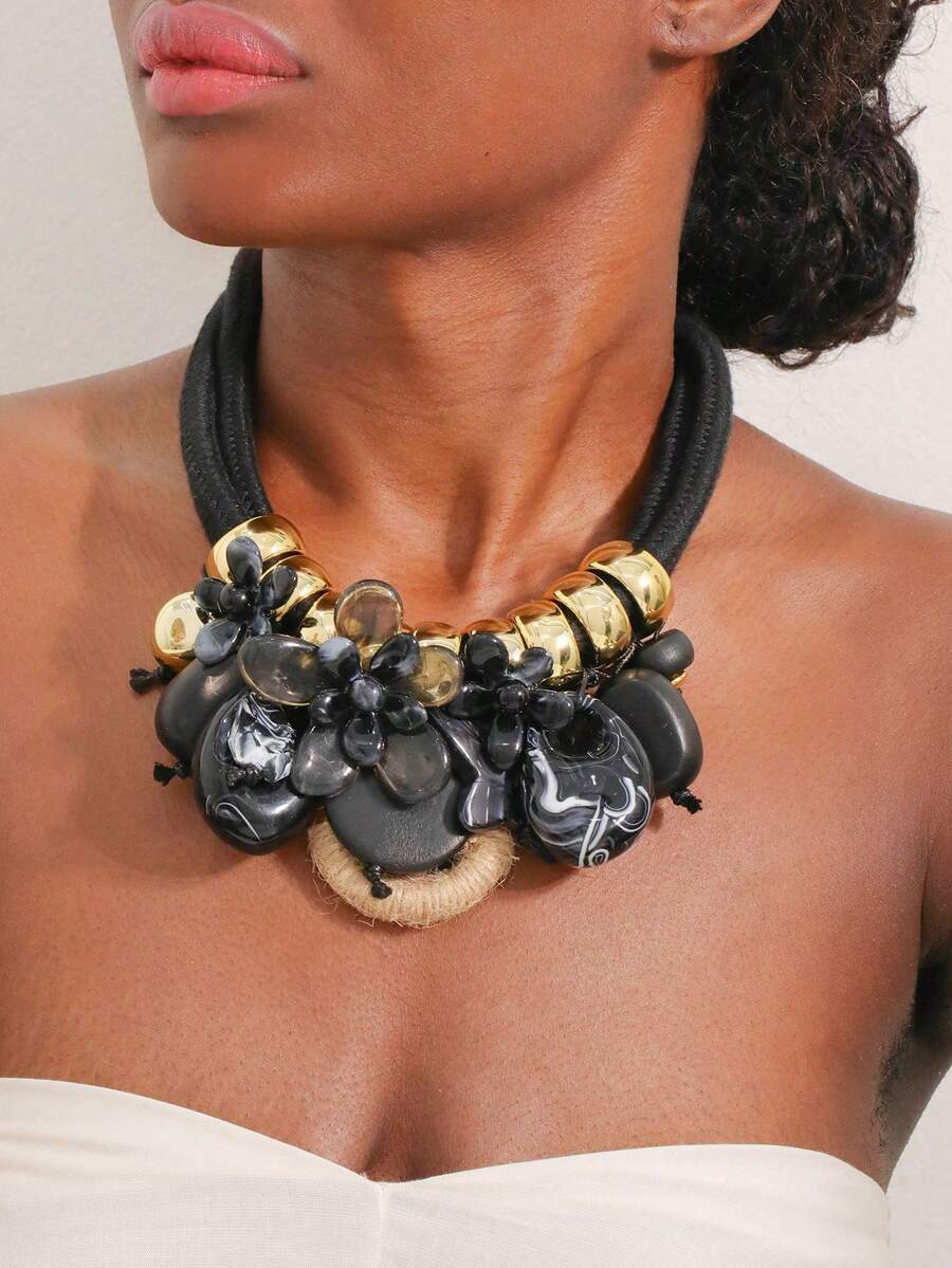 1pc Vintage Bohemian Style Woven Rope, Acrylic Butterfly & Flower Wooden Hoop Pendant Necklace, Suitable For Women's Casual Daily Wear - Black - View 1