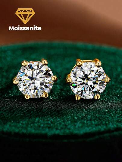 一对 0.1克拉-2克拉 六爪镶嵌莫桑石耳钉 S925纯银 优雅经典订婚礼物 女士礼物 精致婚礼新娘首饰