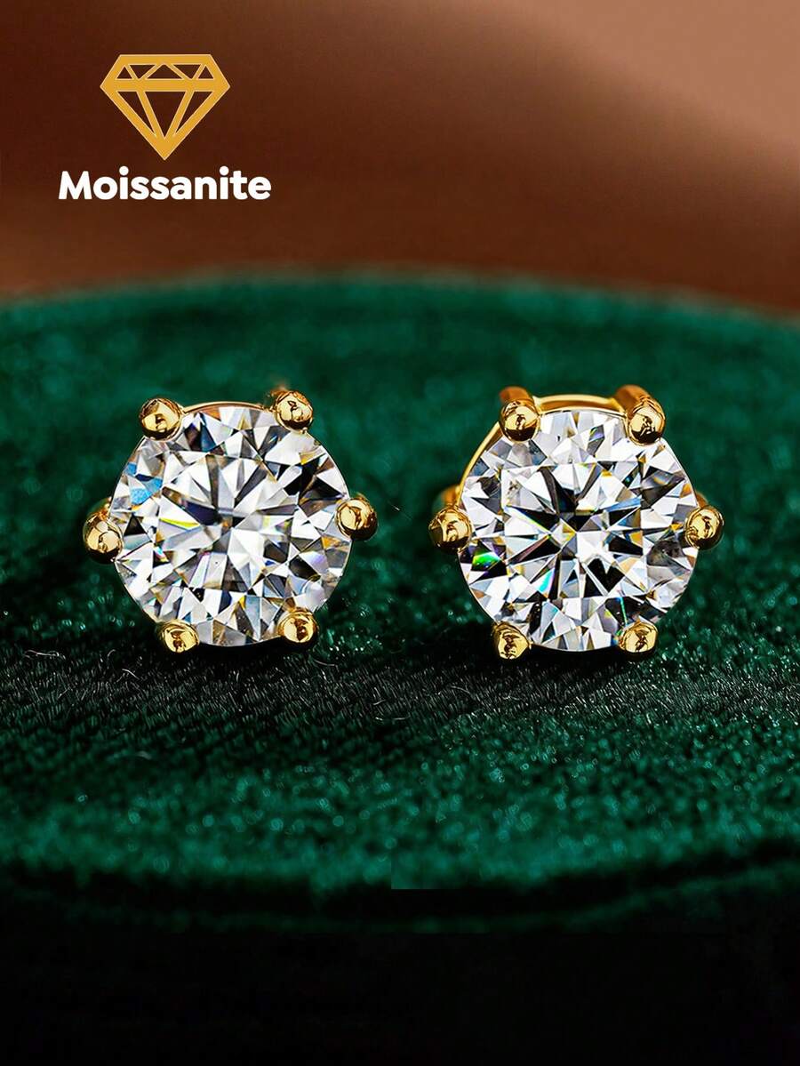 一对 0.1克拉-2克拉 六爪镶嵌莫桑石耳钉 S925纯银 优雅经典订婚礼物 女士礼物 精致婚礼新娘首饰 - 金色 - 查看 1