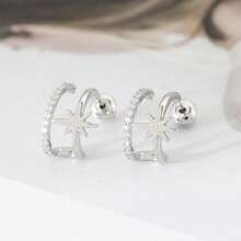 1 Pair Silver Tone Asymmetric Double-Layer C-Hoop Stud Earrings With CZ & Starburst - C-shaped Earrings - View 5