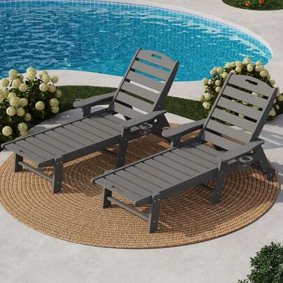 Sillones reclinables de HDPE, resistentes y resistentes, para exteriores, con 5 posiciones ajustables y portavasos, para piscina, jardín y patio.