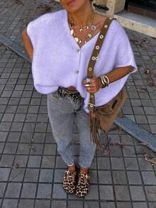 Women's Casual Dropped Shoulder Cardigan Sweater, Suitable For Commuting, School, And Vacation, Spring/Summer - Light Purple - View 5