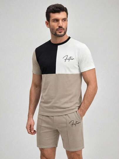 Officeau Men's 2 Pieces Color-Block Color-Block Casual Wear, Summer Men's Short-Sleeved Crewneck T-Shirt And Drawstring Shorts With Pockets. Spring To Summer