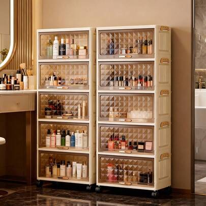 1 pieza Gabinete de almacenamiento plegable de plástico de 40 cm/50 cm de ancho, organizador de almacenamiento con tapa abatible de 1-6 niveles, PP reforzado con ruedas, gabinete multiusos para sala de estar, juguetes y aperitivos, gabinete de almacenamiento de ropa, estantería a prueba de polvo para el hogar, estantería de almacenamiento, caja de almacenamiento, recipiente de plástico, lata de aceite, suministros de almacenamiento de cocina, estante para tazas, 1 lata de aceite, estante para cucharas, estantería de almacenamiento de cocina