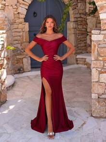 ADYCE Elegant Ruffle Waist Slit Thigh High Slit Off-Shoulder Formal Maxi Dress, Suitable For Prom, Birthday Party, Formal Dinner, Date, Homecoming, Wedding Guest, Formal Gala, Family Gathering - Burgundy - View 5