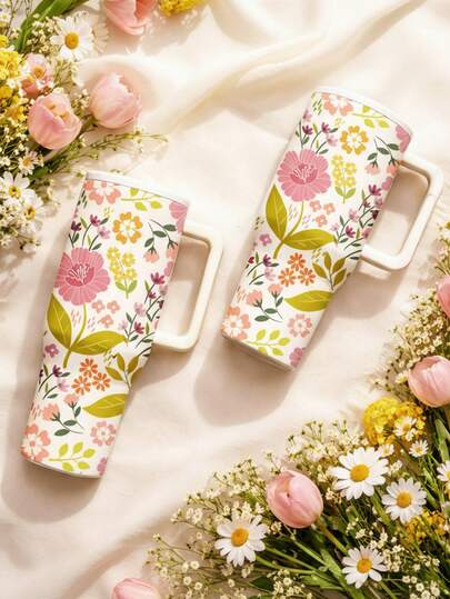 1pc Elegant Floral Print Insulated Tumbler With Handle, Stainless Steel Cup Keeps Cold 24H/Hot 12H. Leakproof Vacuum Travel Mug For Office, Car, Picnic. Aesthetic Spring Flower Gift For Women, Mom & Friends. Daily Water Bottle.