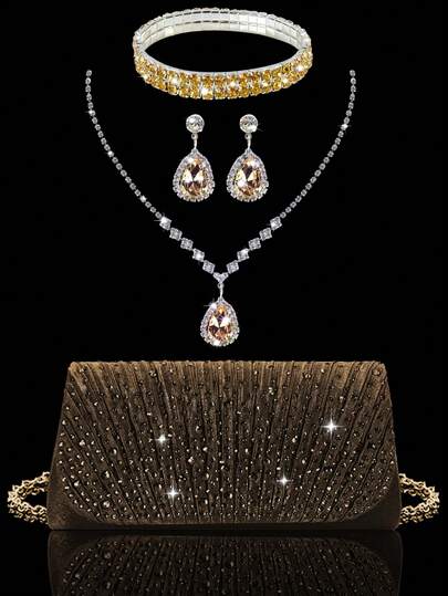 Túi xách dạ hội đính đá lấp lánh, túi dự tiệc sang trọng và thời trang, kiểu dáng xếp ly, kèm bộ ba phụ kiện trang sức đính đá lấp lánh, thích hợp cho các buổi tiệc, bữa tối, họp mặt, khiêu vũ và đám cưới.