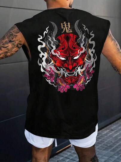 Men's Fashionable Versatile Street Casual Ghost Print Round Neck Dropped Shoulder Tank Top, Summer