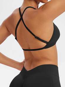 ATTRACO Sutien sport fără cusături, solid, sexy, pentru yoga, cu căptușeală și bretele detașabile, bluze sport pentru alergare pentru femei - Negru - Vizualizare 3