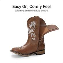 Girls Cowboy Boots Floral Embroidered Classic Western Cowgirl Boots Square Toe Mid Calf Side Zipper Horsing Party Toddler/Little/Big Kids - 棕色 - 查看 6