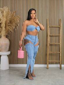 Casual, Fashionable, Youthful And Sporty Style, High-Quality Washed And Elastic Denim, Personalized Split Zipper, Three-Dimensional Pocket, Chest Hugging And Sexy Set - 藍色 - 查看 2