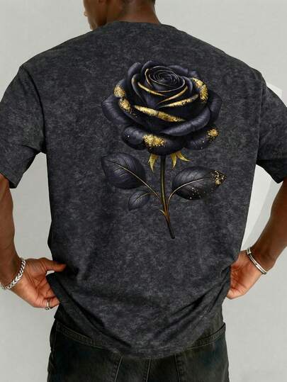 男士时尚休闲通勤街头摇滚说唱歌手风格宽松水洗棉短袖T恤 | 玫瑰印花 | 精致设计 | 春夏必备 | 送给丈夫或男友的最佳礼物 | 百搭易穿，展现您的个人风格。