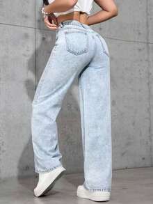Teen Girl Casual Front Button Pocket Straight Leg Jeans, Daily Wear - Light Wash - View 2