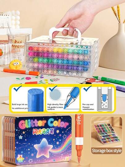 24/36/48/60色丙烯马克笔套装，带闪光效果，速干不褪色，适用于绘画、插画、工艺品制作、涂色书创作、DIY项目，可在纸张、布料、木材、石头、塑料、玻璃、陶瓷、南瓜、金属等多种材质上进行创作，是学生和成人的理想之选，也是复活节、感恩节、万圣节、圣诞节的绝佳礼物。