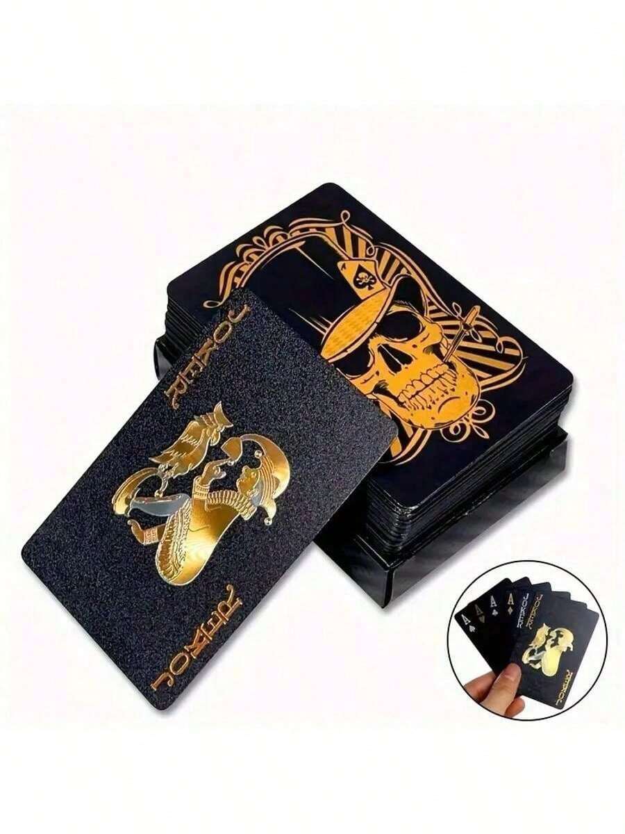 1 Set (54 Cards) Waterproof Foil PVC Plastic Playing Cards, Black Gold Foil, Easy To Shuffle, Washable, Suitable For Pool Party, Beach Party, Couples Game, Family Gathering, Thanksgiving Gift, Holiday Travel Entertainment Game, Friends Gathering - Multicolor - View 1