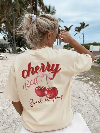 Women's Summer New Simple Cherry Letter Print Casual Loose Versatile Round Neck Beige Short Sleeve T-Shirt, Suitable For Daily Wear