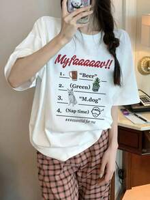 Women's Casual Round Neck Loose Fit Letter & Cartoon Print Short Sleeve T-Shirt, Japanese Style, Spring/Summer - White - View 2