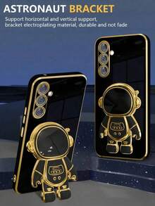 1pc Straight Edge Millennium Style Cute Astronaut Sliding Bracket Design Phone Case Compatible With Apple 16 Pro Max, Galaxy S24 Ultra, Edge 30, Infinix Smart 8, Infinix Hot 40i, Transsion Spark 20, Transsion Spark 20C, Transsion Spark Go 2024, Redmi Note 13 Pro+, Honor X8 - Black - View 1